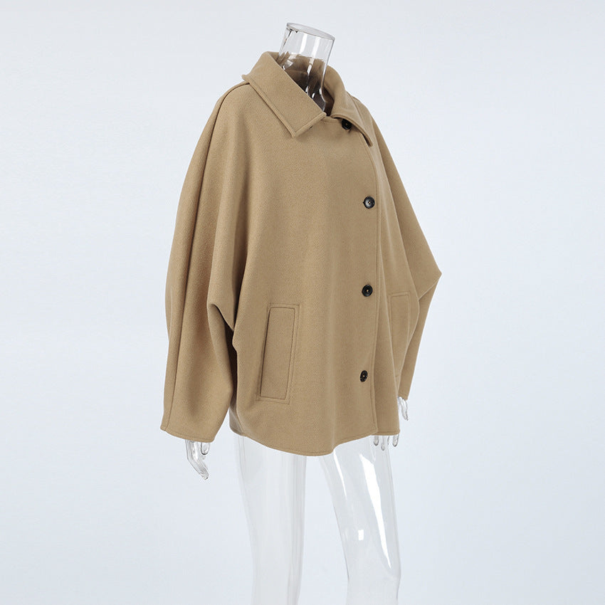 Women's Fashion High-grade Brown Woolen Lapel Batwing Sleeve Clothing