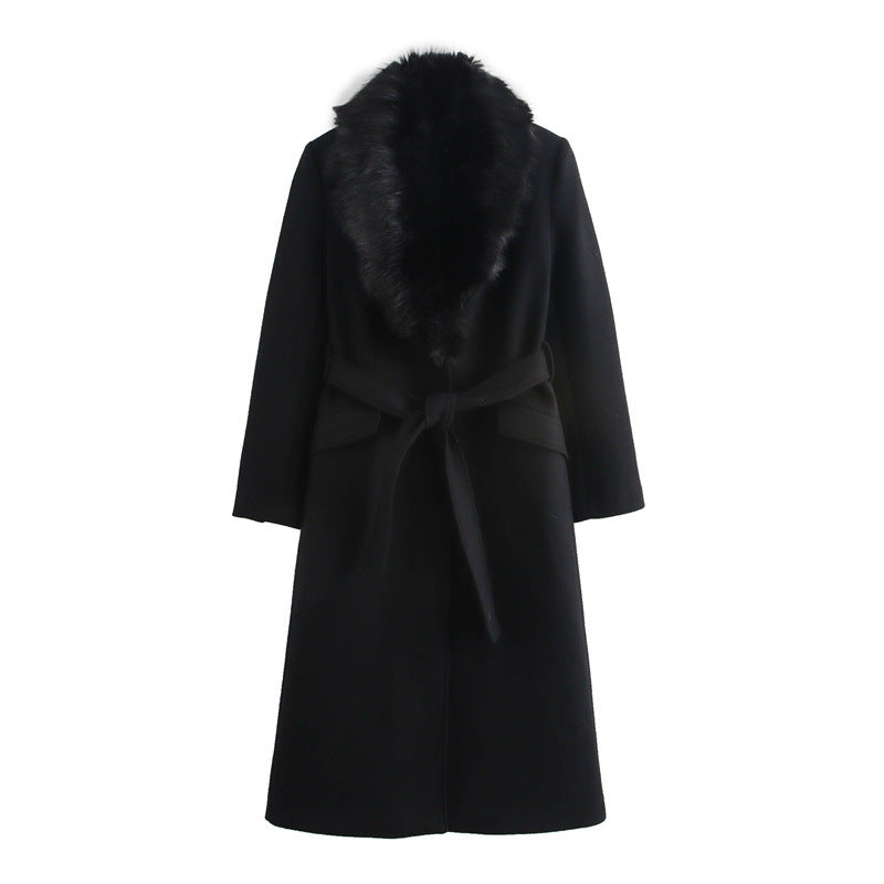 Women's Autumn Woolen Fashion Elegant Tied Fur Coats