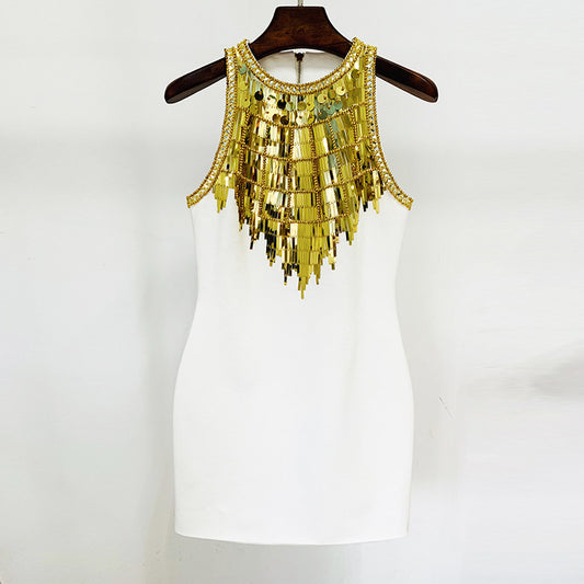Fashion Metal Sheet Beads Rhinestones Sexy Dress