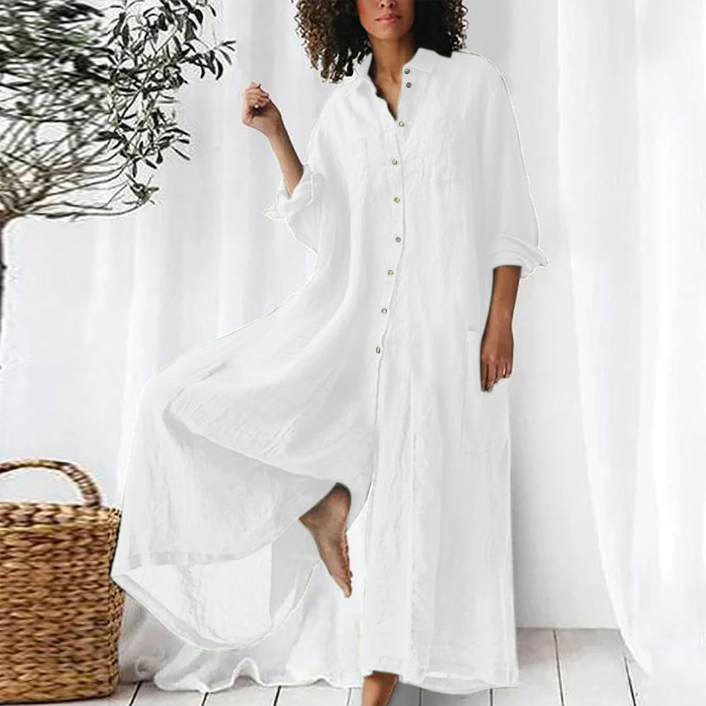 Women's Color Casual Long Sleeves Mid-length Cotton Jumpsuits