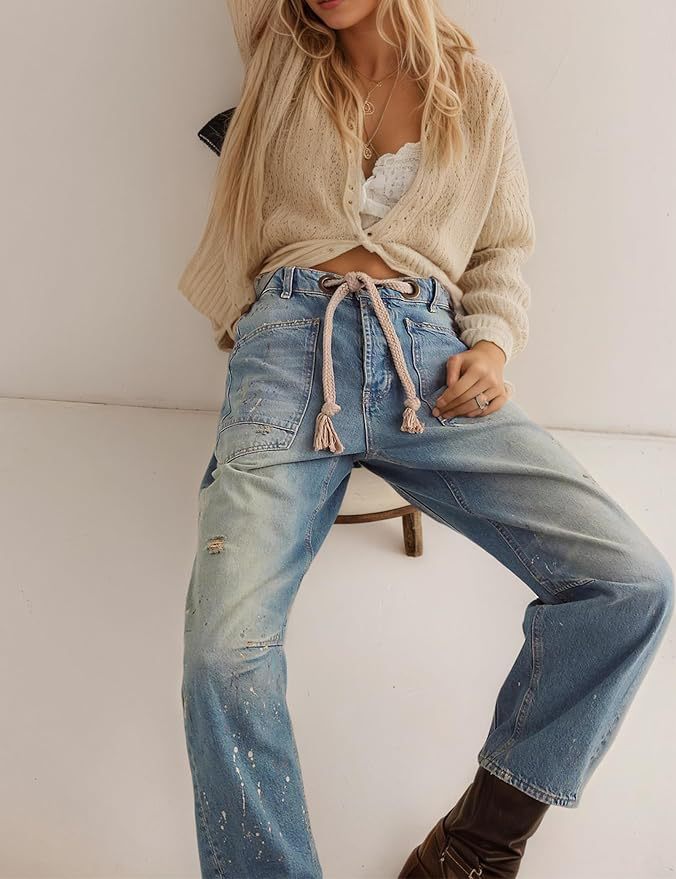 Women's Stitching Summer Loose Straight Drawstring Lace Jeans