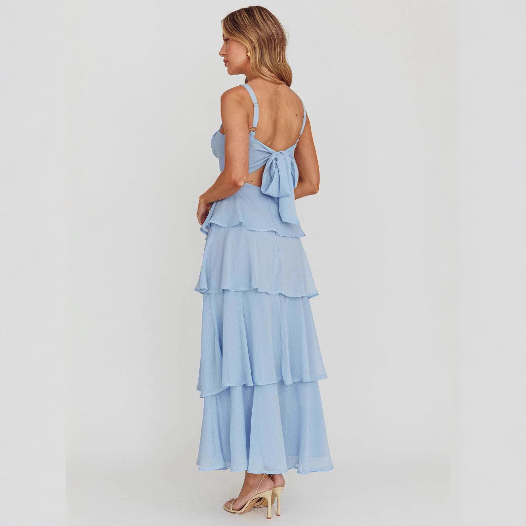 New Women's Suspender Layered Sleeveless Backless Dress