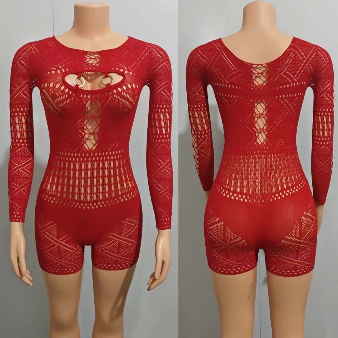 Women's Hollow Out Lace High Waist Tight Knitted Women's Jumpsuit/clothing