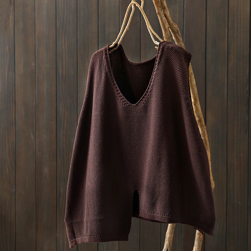 Women's Simple Irregular Lower Hem Ethnic Style Knitted Retro Loose Pullover Women's Vest