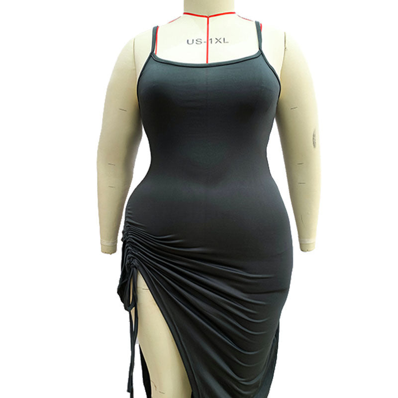 Sexy Hot Backless Slit Pleating Solid Dress