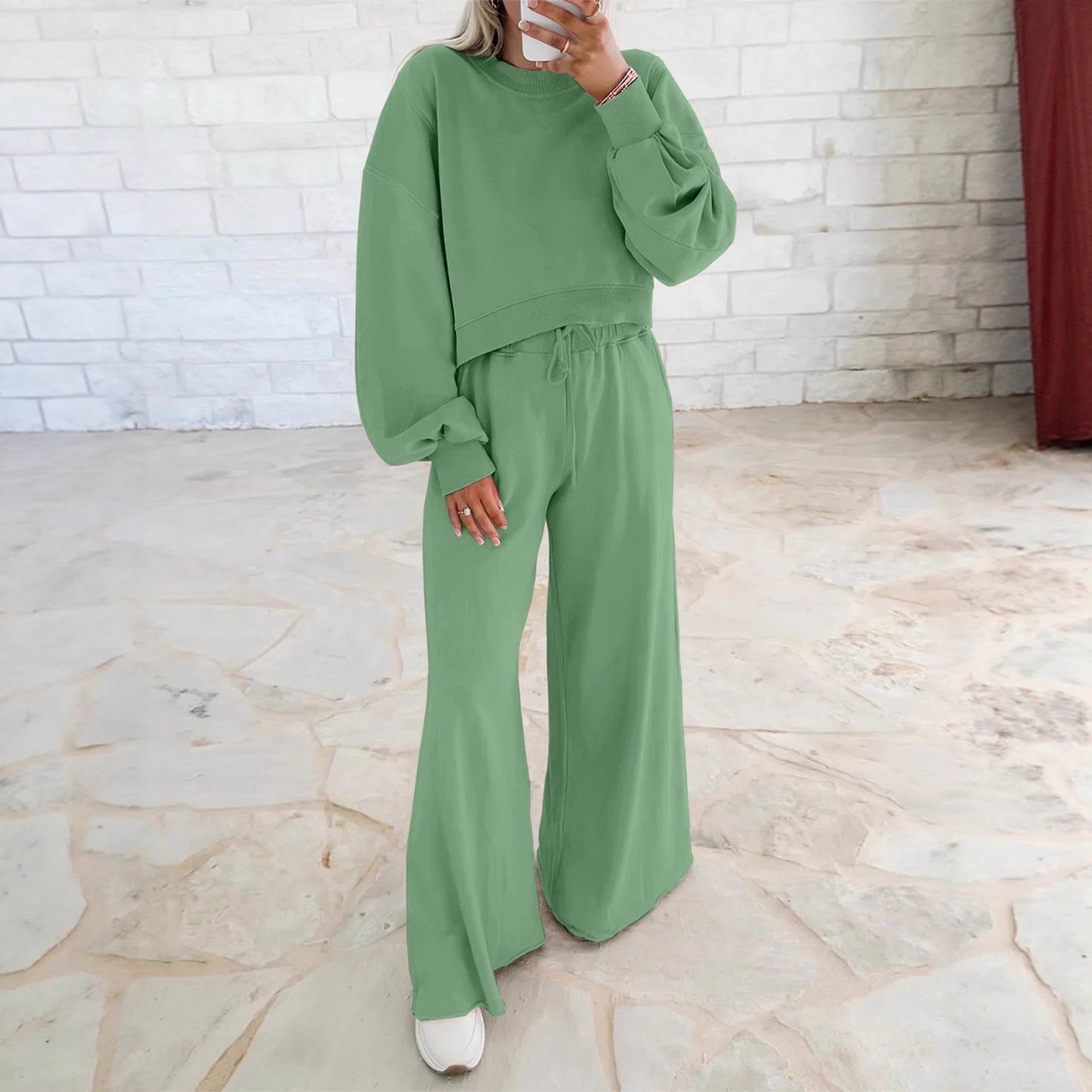 Women's Drop Shoulder Puff Sleeve Pullover Drawstring Wide Pants
