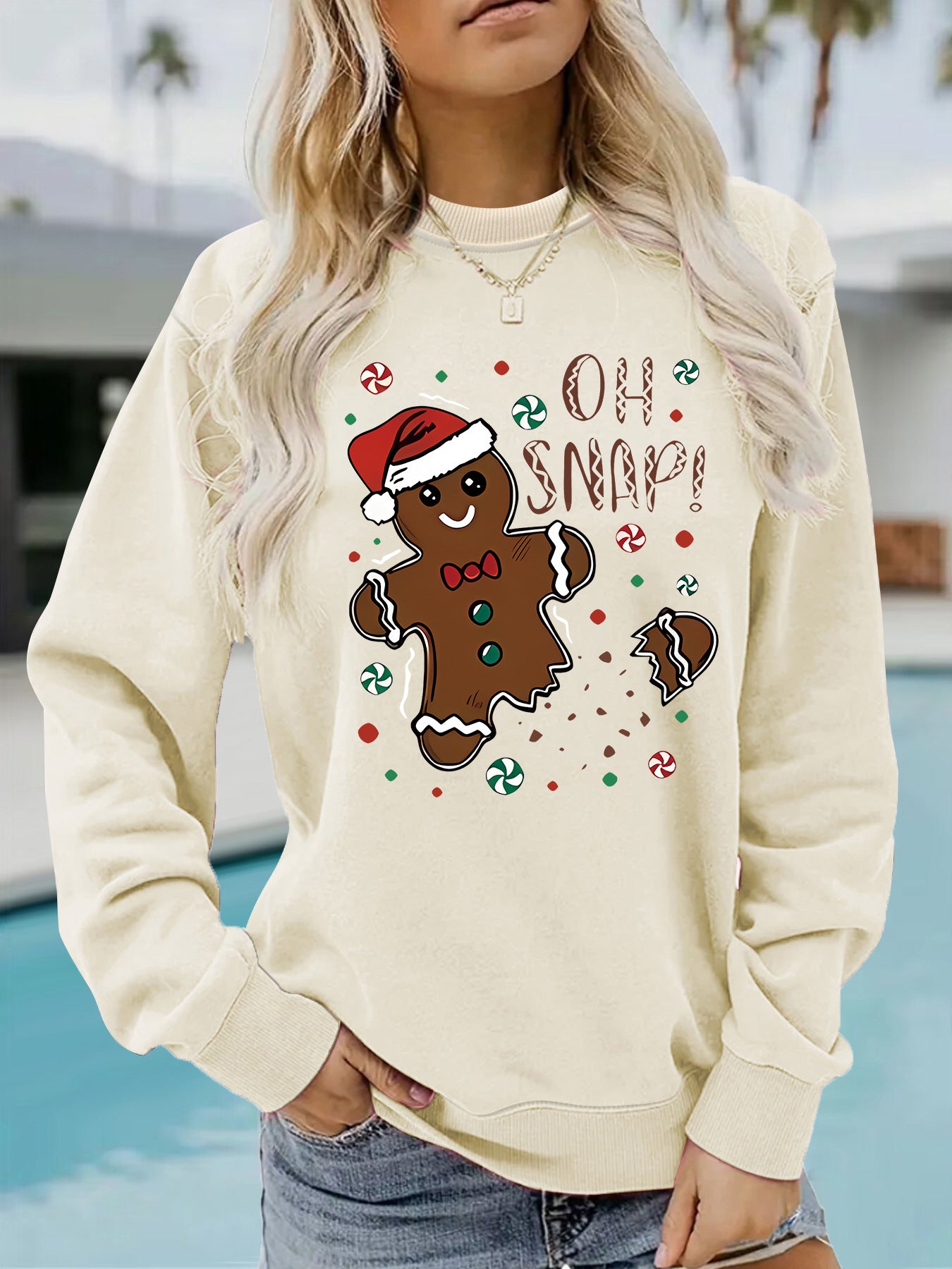Female Round Neck Christmas Gingerbread Pattern Printing Casual Long Women's Sweater, Sweater