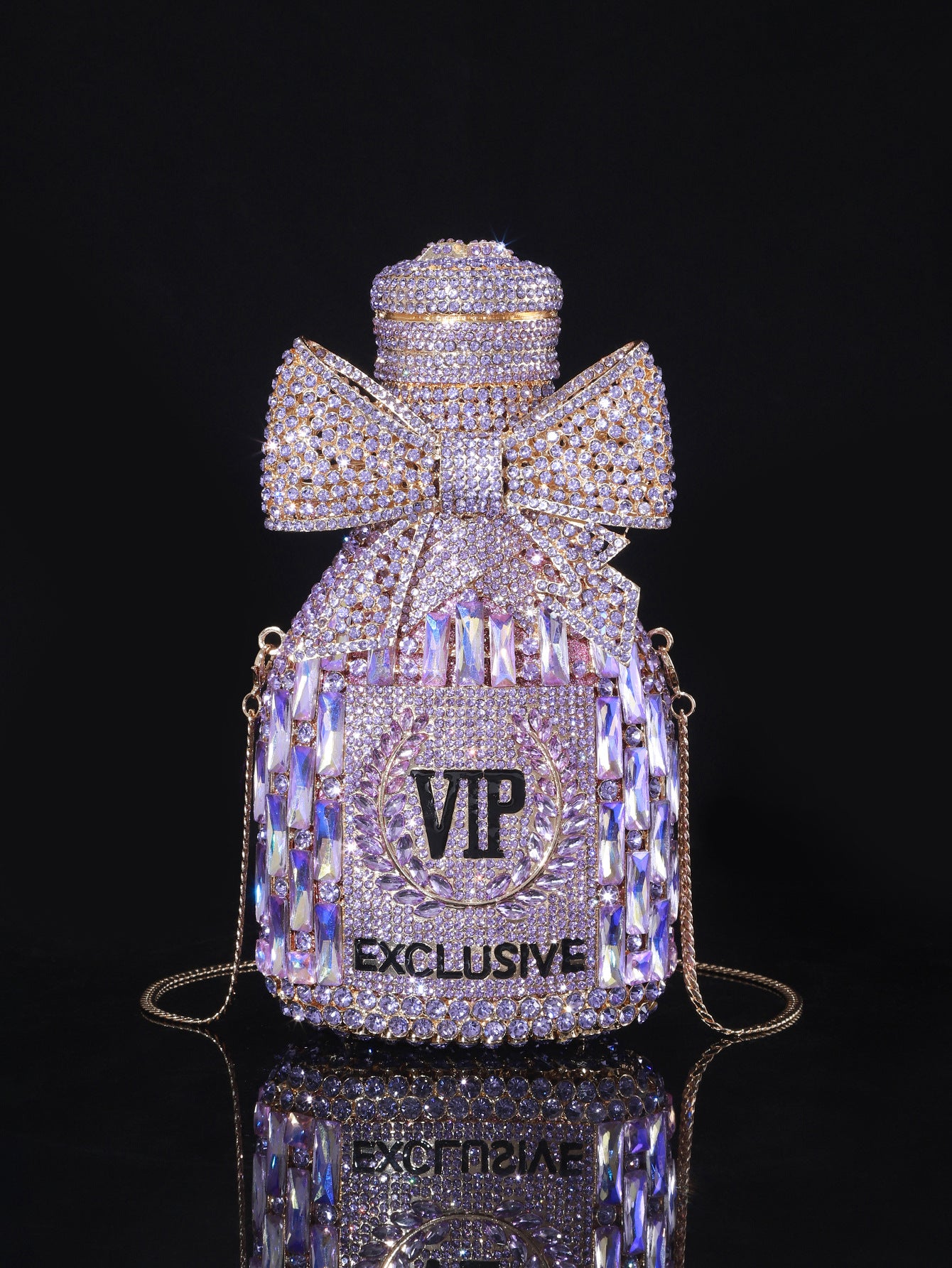 Shiny Champagne Bottle Rhinestone Bow Crystal Chain Evening Bags
