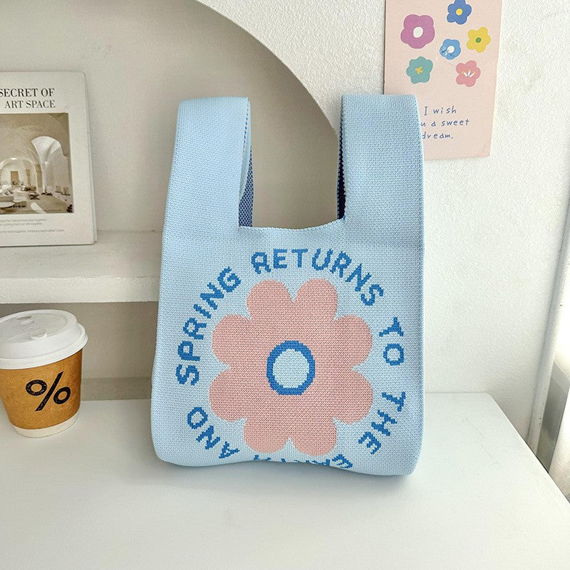 Women's Flower Cartoon Knitted Woven Large Capacity Handbags