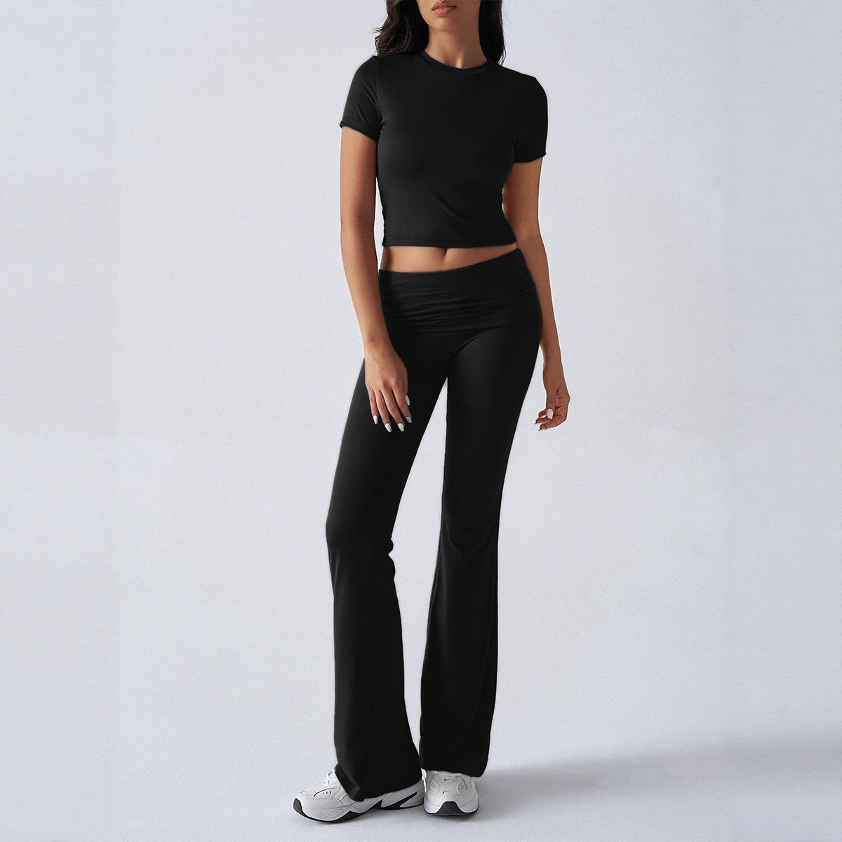Women's Solid Color Short-sleeved High Waist Trousers Fashion Casual Suit