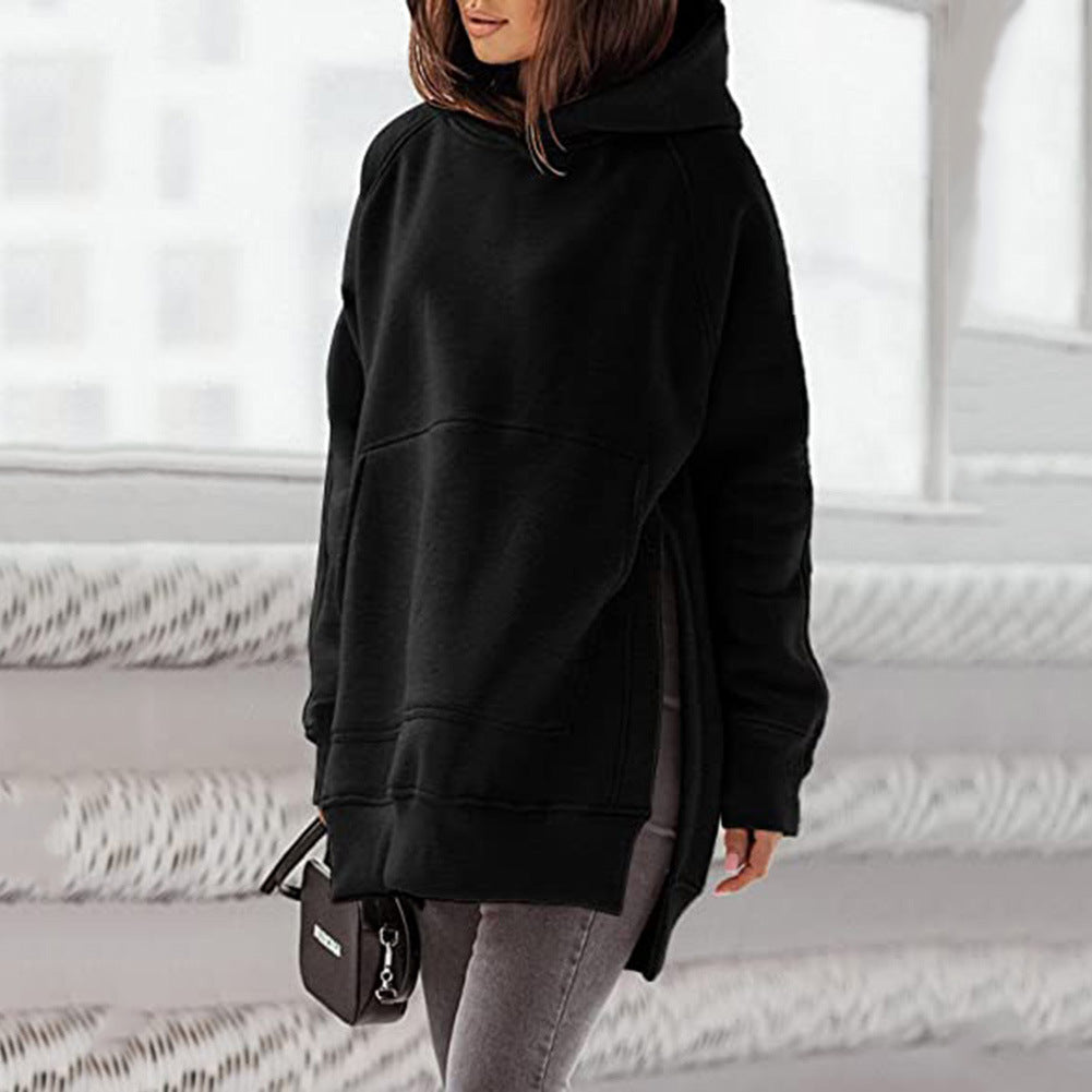 Women's Sleeve Round Neck Fleece-lined Solid Color Pocket Loose-fitting Women's Sweater, Sweater