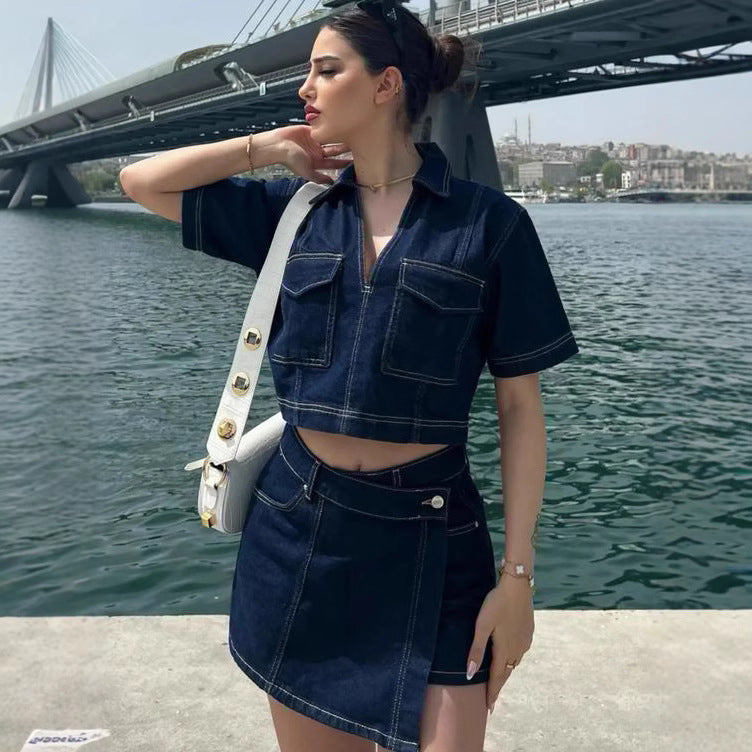 Women's Denim Culottes Summer Short-sleeved Hot High Suits