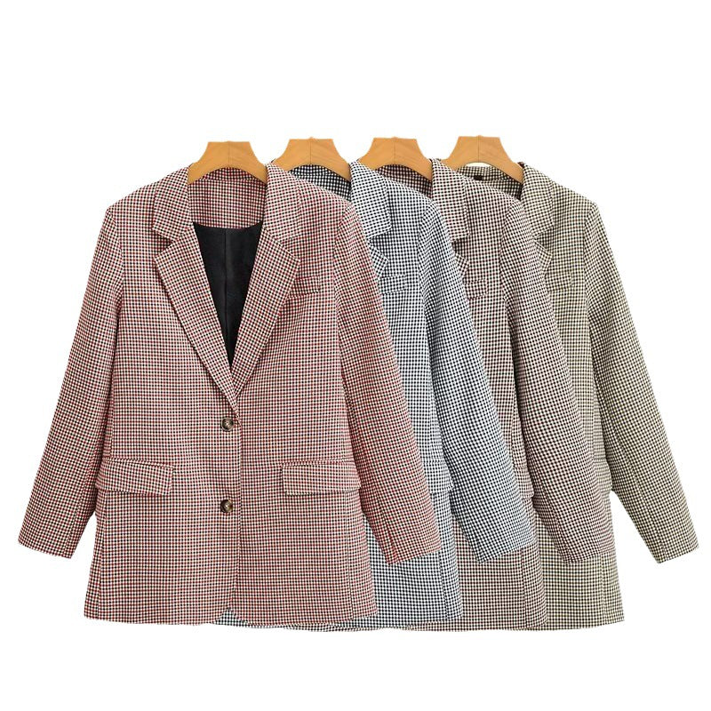 Women's Autumn Collar Plaid Casual Loose Long Blazers