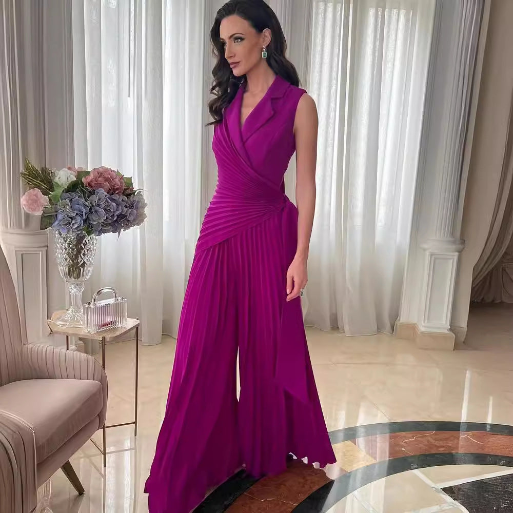 Women's Collar Pleated Solid Color Wide Leg Jumpsuits