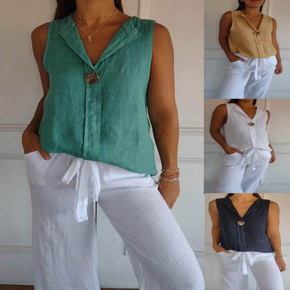 Women's Fake Collar Cotton Linen Sleeveless Casual Women's T-shirt