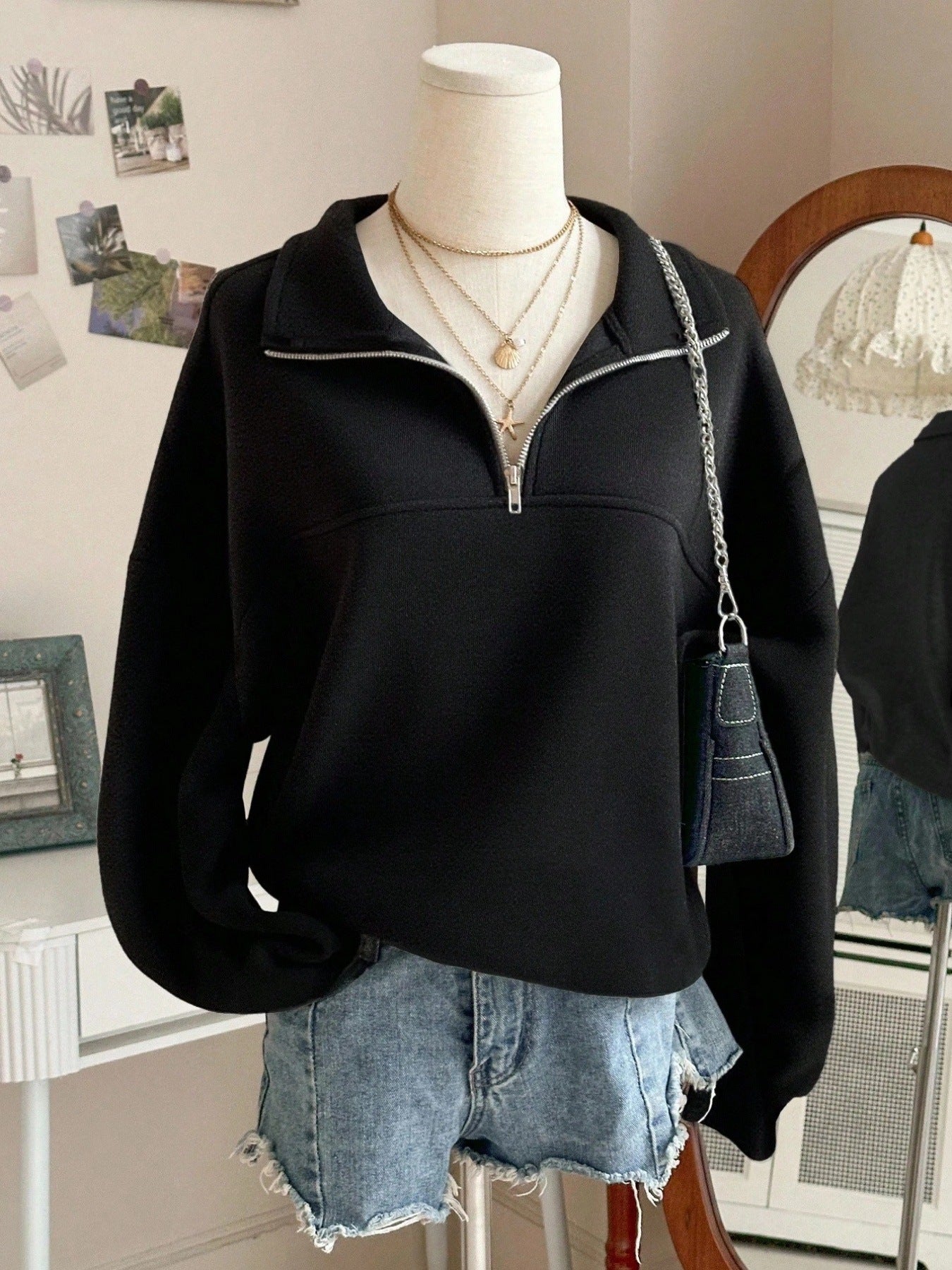 Back To School Casual Long Sleeve Lapel Half Loose Women's Sweater, Sweater