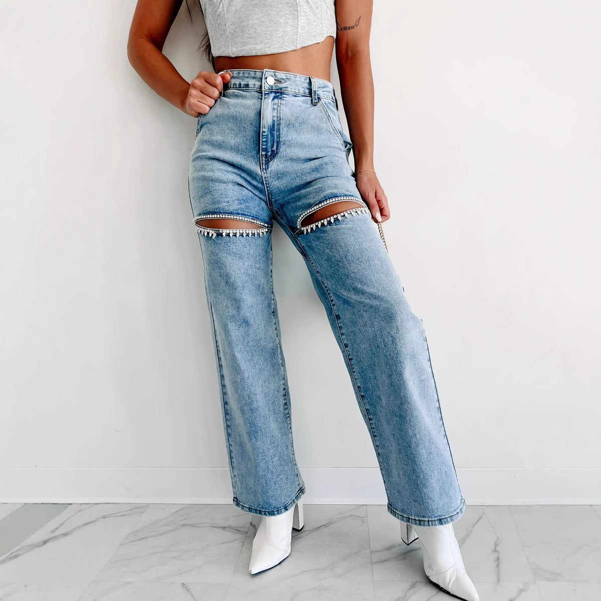 Women's Chain Ripped Straight Washed Fashion High Jeans