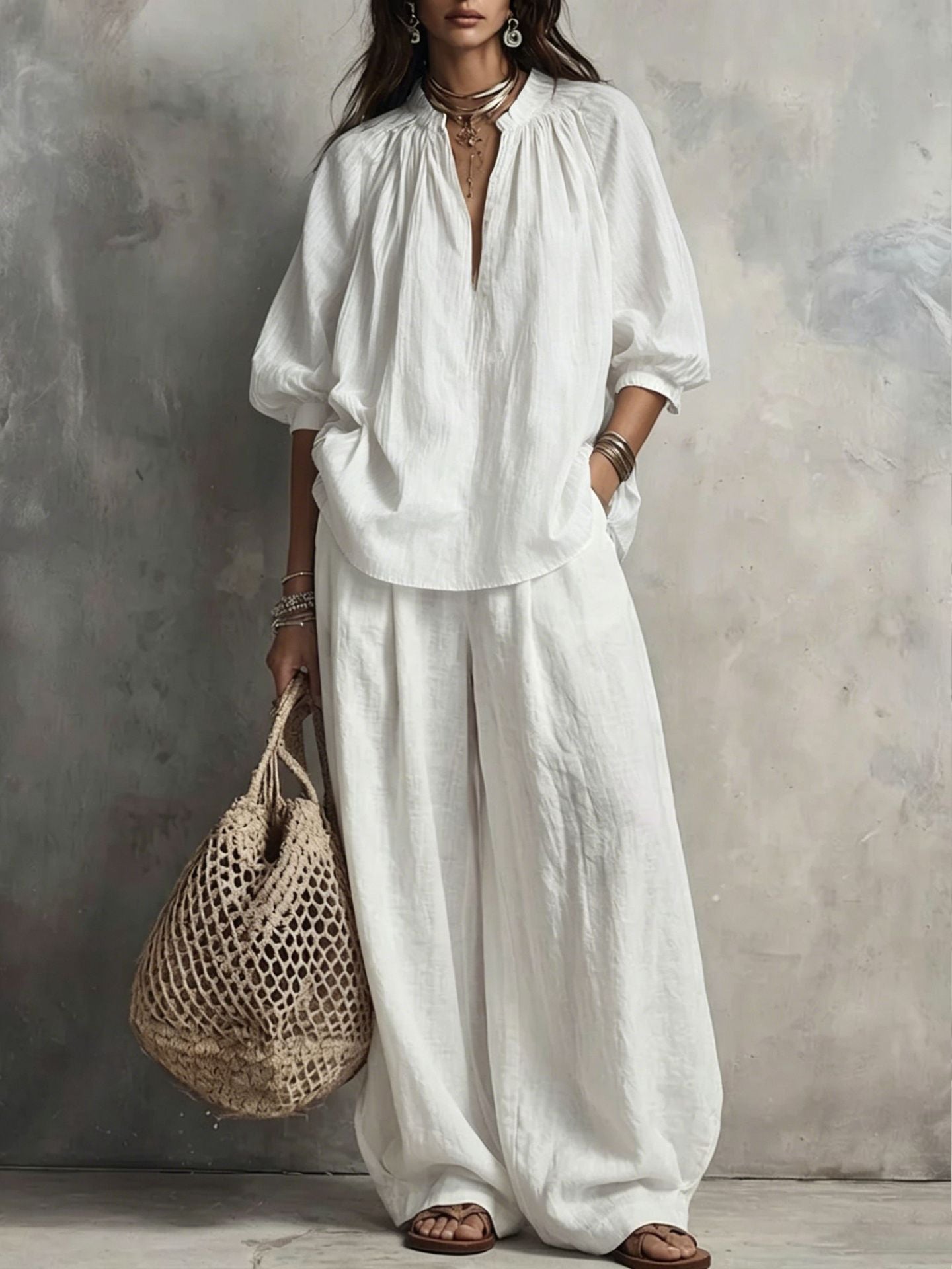 Summer Cotton Linen Puff Sleeve Shirt Wide Fashion Casual Suit