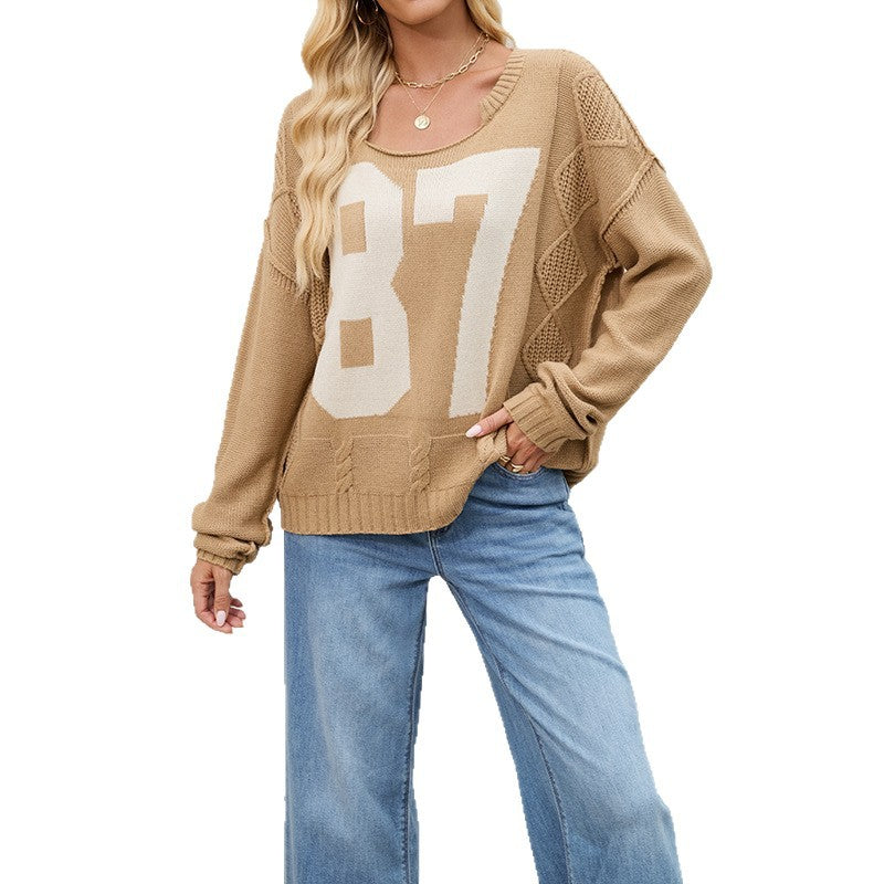 Women's Long Sleeve Digital Contrast Color Knitted Sweaters
