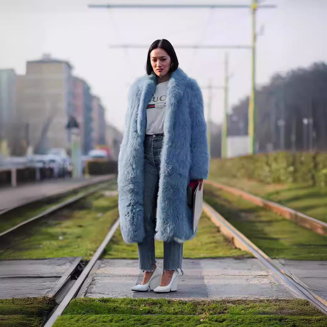 Women's Long Wool Fashionable Street Hipster Imitation Fur Coats