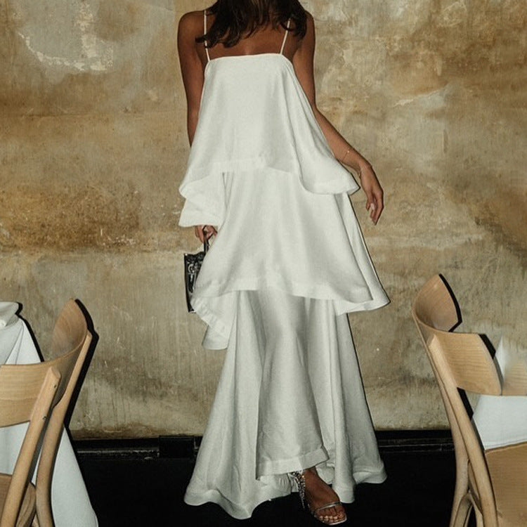 Women's French Style Sleeveless White Satin Draping Dress Design Dresses