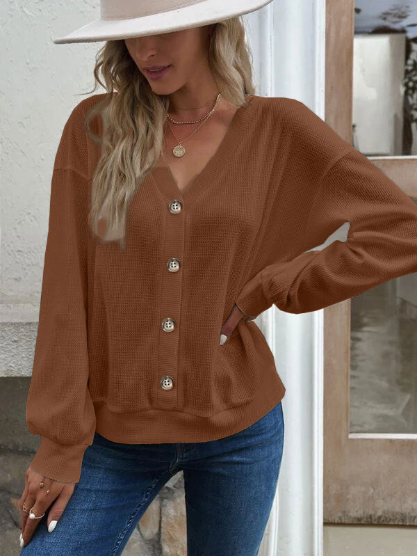 Women's Solid Color Buttons Loose Long-sleeved T-shirt Women's Sweater, Sweater
