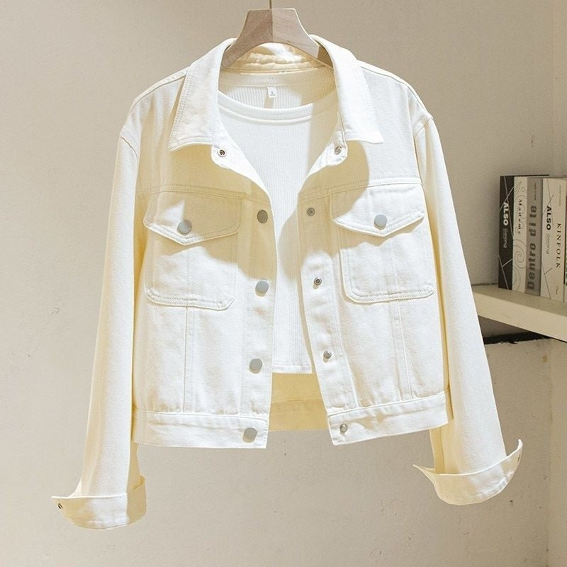 White Denim Long Sleeve Casual Loose-fitting Jackets