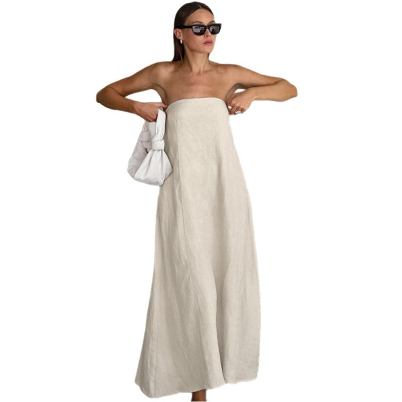 Women's Vacation Style French Dress Khaki Cotton Linen Tube Dresses