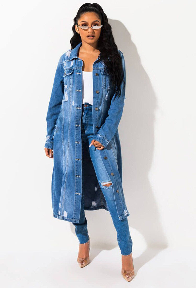 Women's Version Blue With Holes Washed Loose Jackets