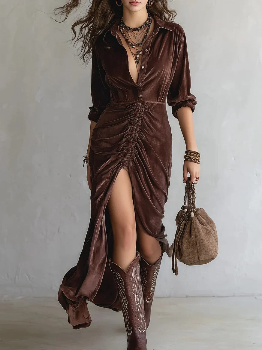 Pleating Split Veet Dress Lapel Long Dresses