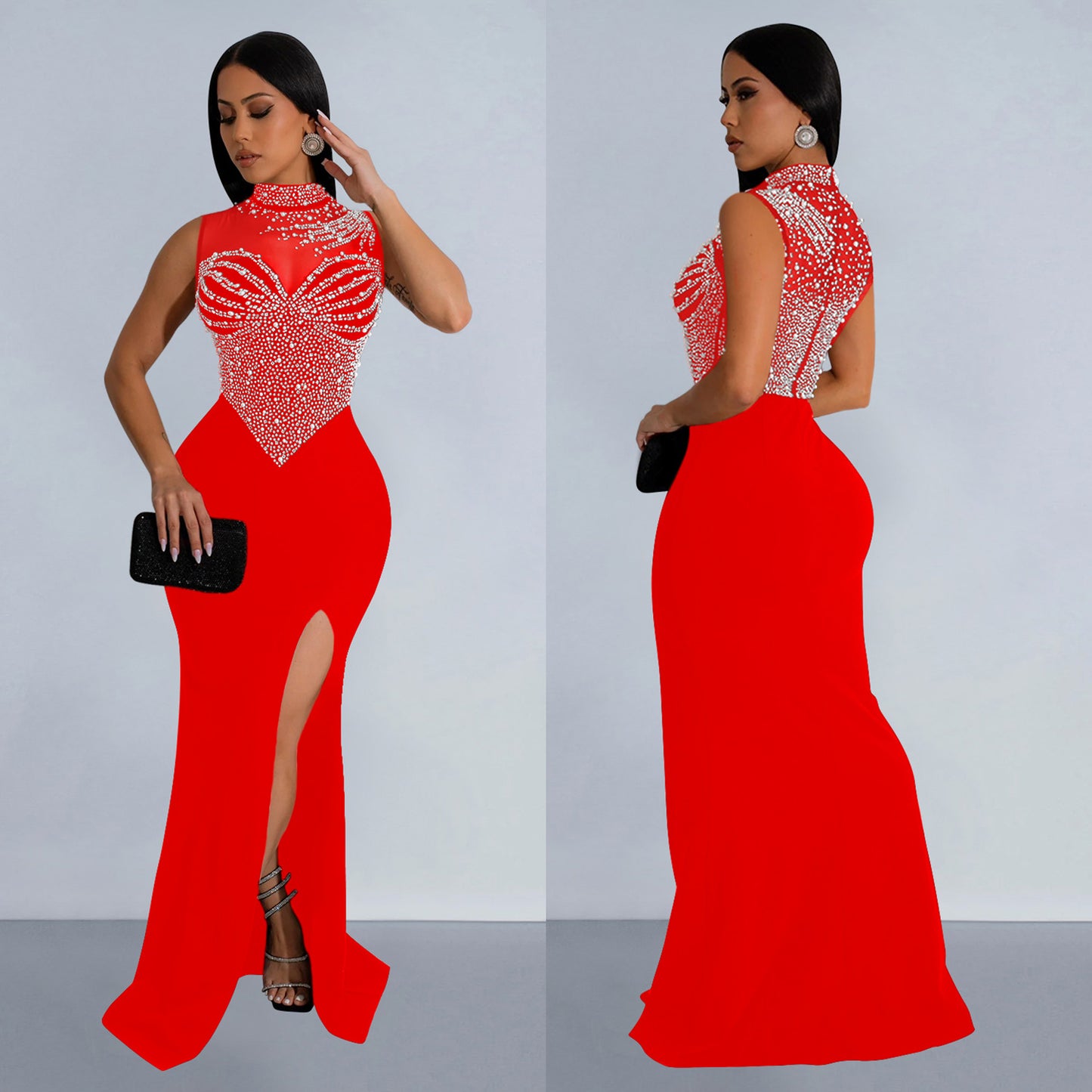Women's Wear Pure Color Mesh Rhinestone Sleeveless Dresses