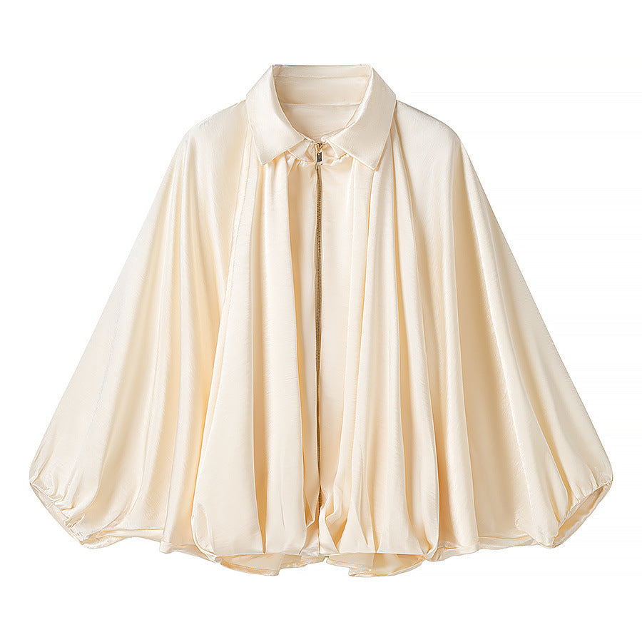 Women's Graceful Fashionable Lapel Lantern Sleeve Silk Blouses