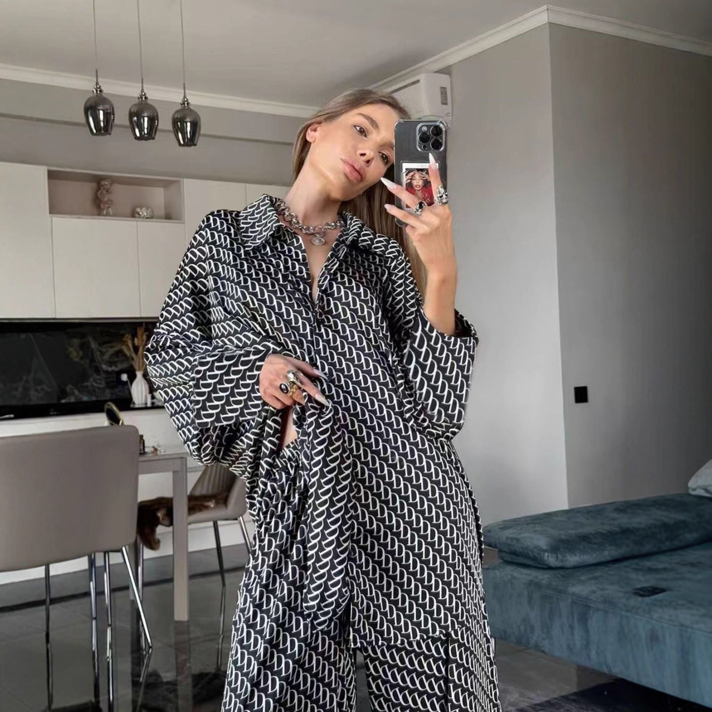 Women's Printed Loose Comfortable Long Sleeve Trousers Summer Suits