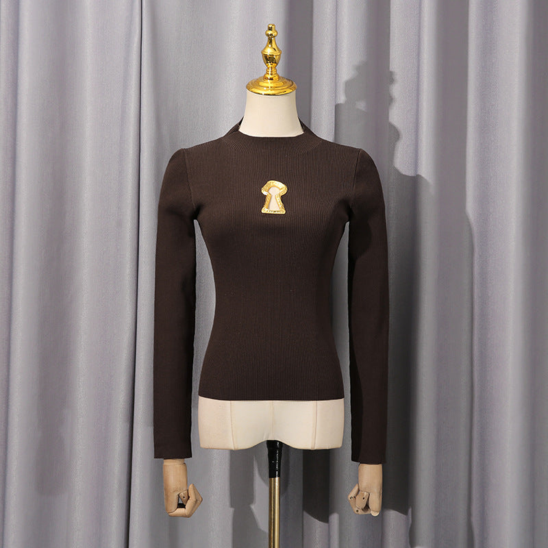 Women's Style High-grade Autumn Temperament Crew Neck Metal Decorative Long-sleeved Blouses