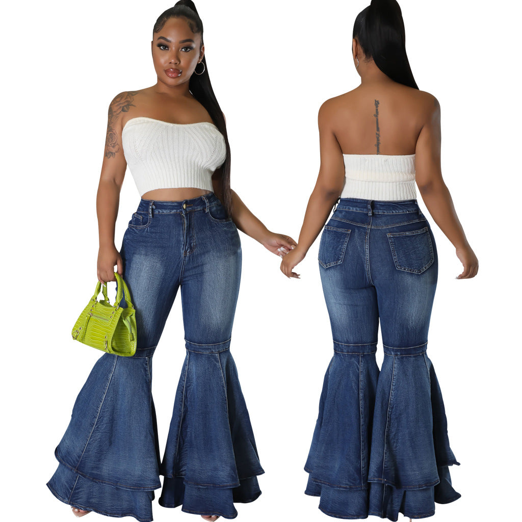 Comfortable Fashionable Washed Denim Stretch Flared Jeans