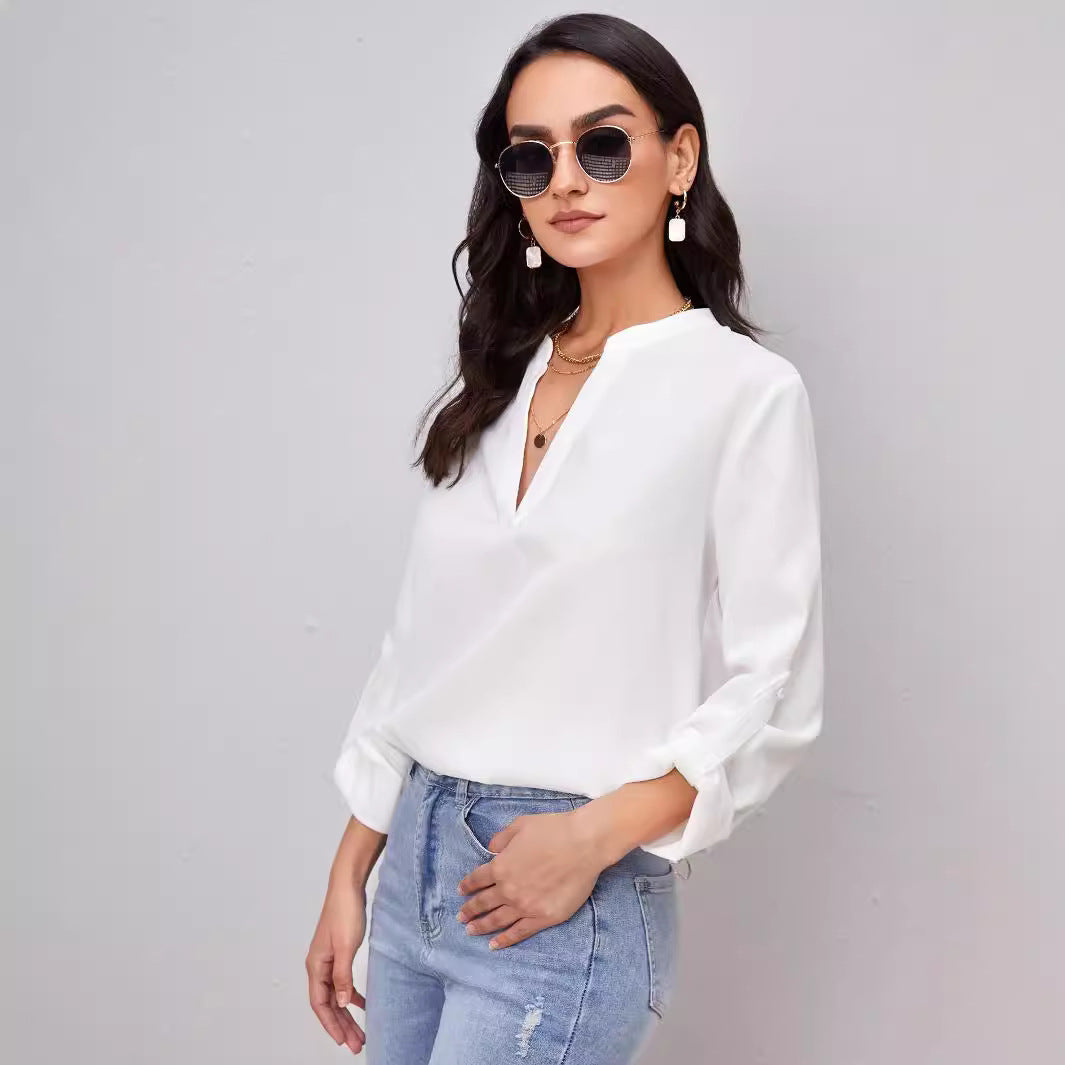 Women's Casual Workplace Cuff Can Be Fixed Roll Sleeve Women's T-shirt