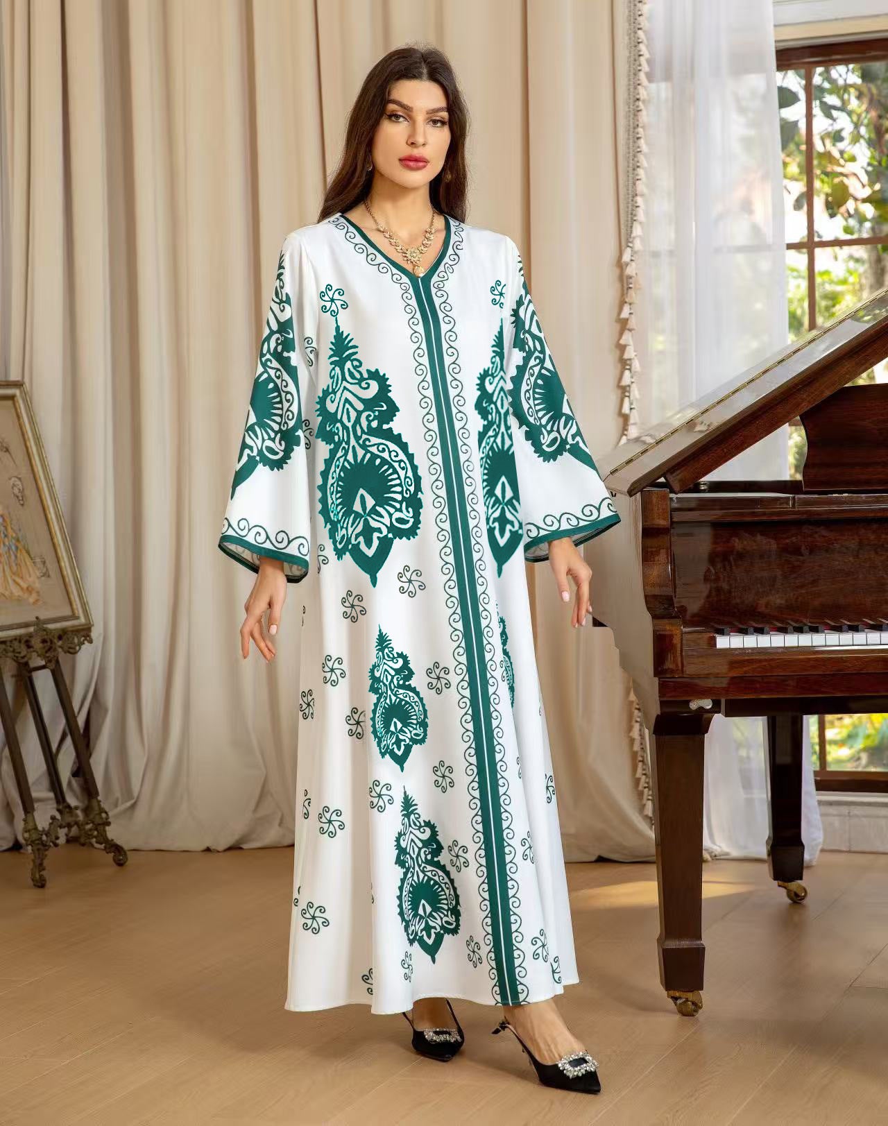 Printed Long Lantern Sleeve Casual Lace Beach Dress