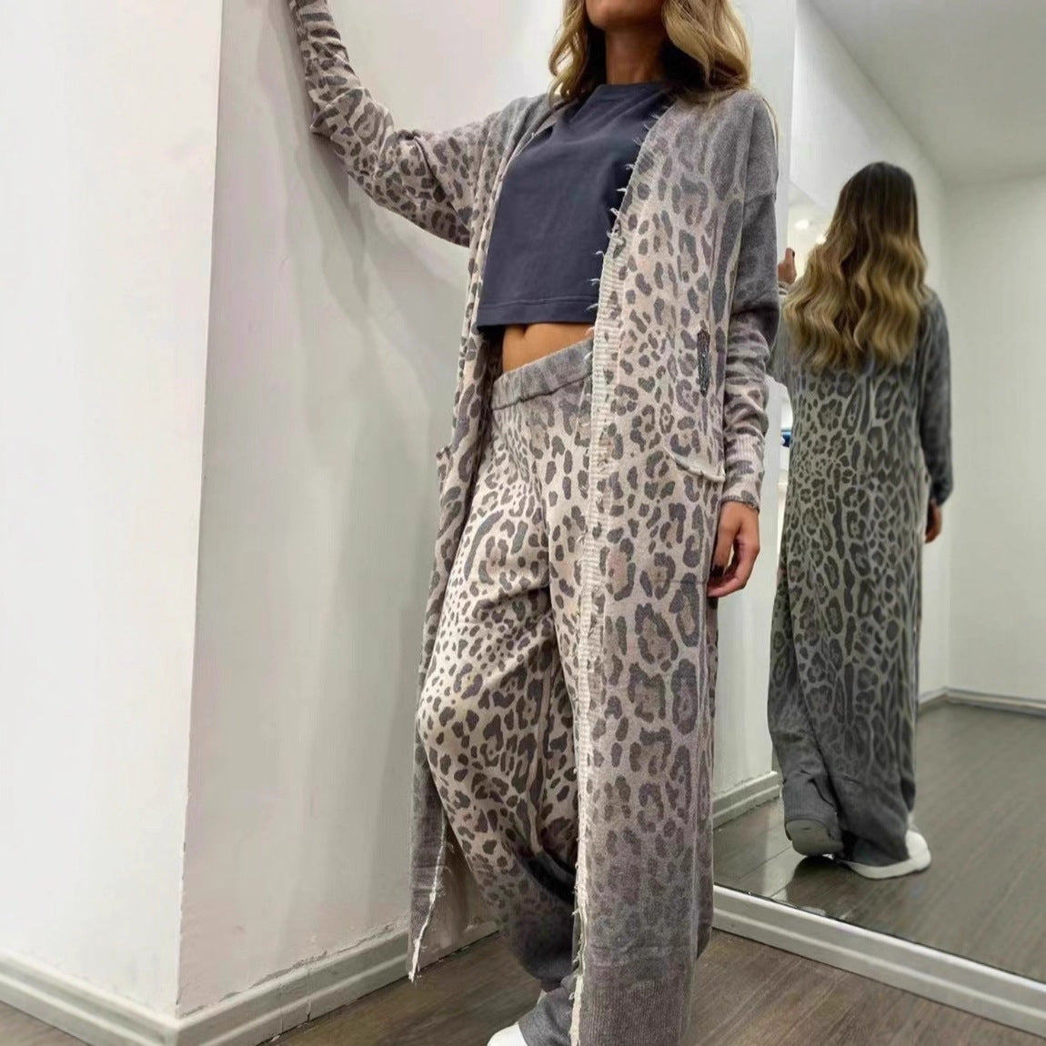 Women's Spring Leopard Print Long Sleeve Trousers Two-piece Suits