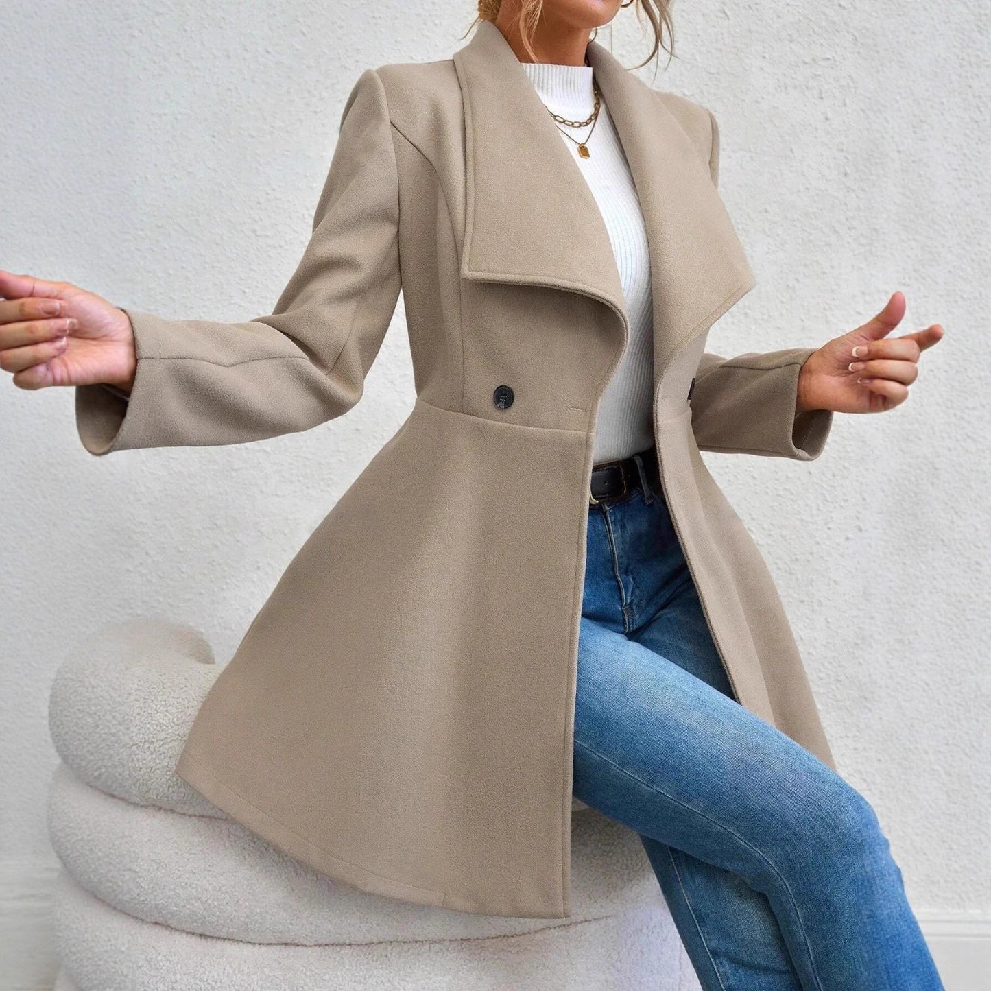 Women's Woolen Solid Color Polo Collar Double-breasted Coats