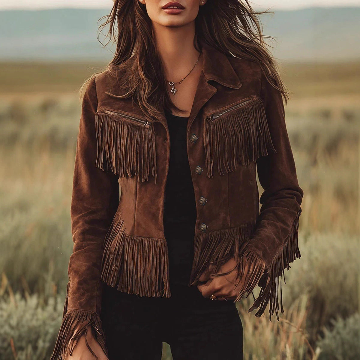 Women's Autumn Brown Vintage Tassel Faux Suede Jackets
