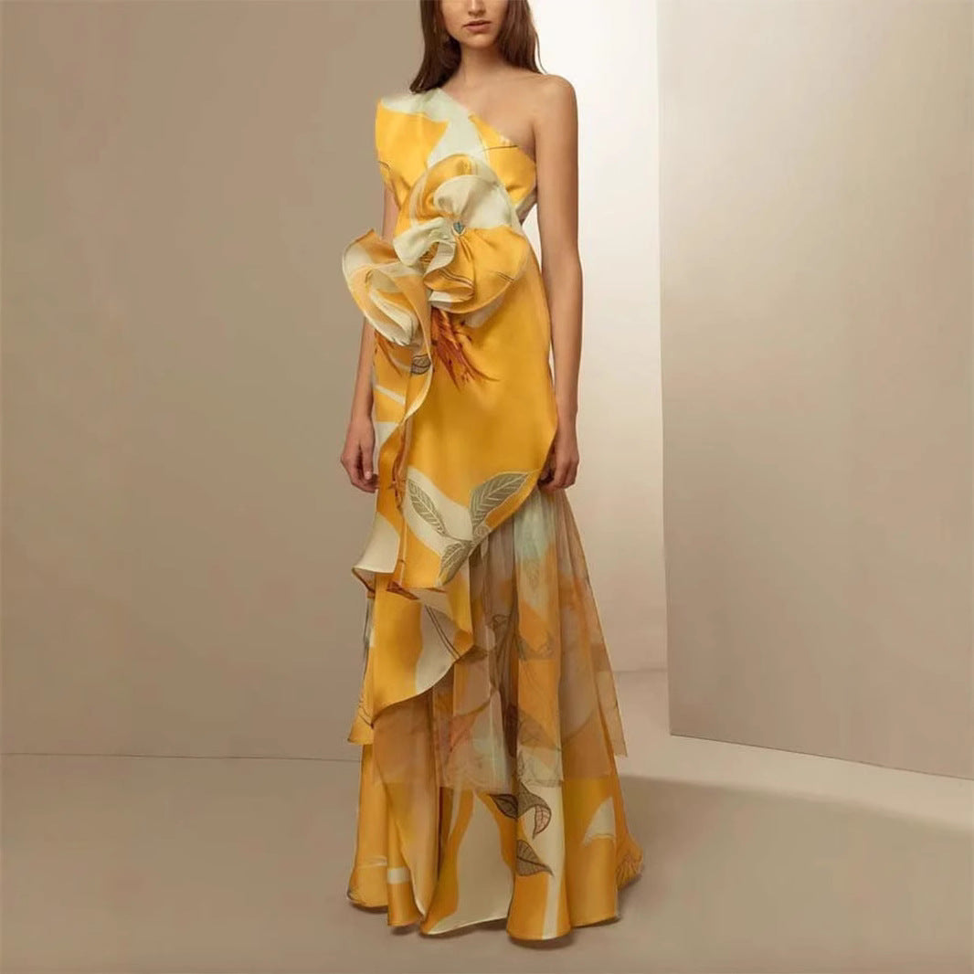 Goods French Retro High Switchover Temperament Casual Printing Sloping Dresses