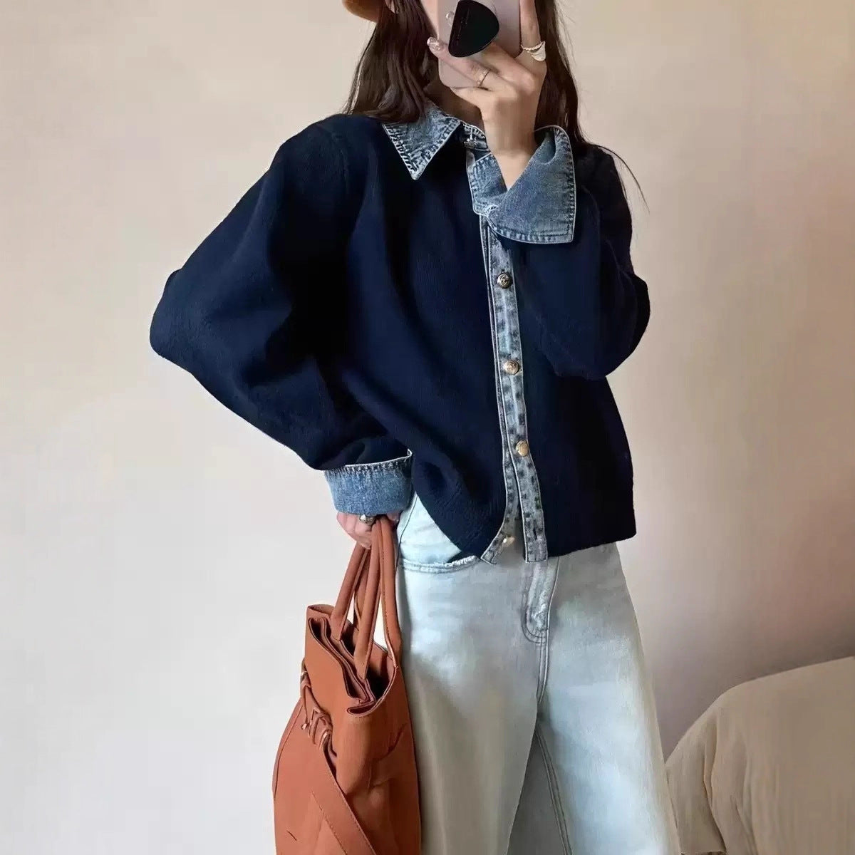 Denim Stitching Fake Two Pieces Female Sweaters