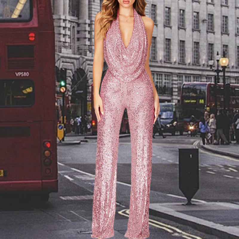 Women's Durable Summer Sleeveless Halter Sequined Jumpsuits