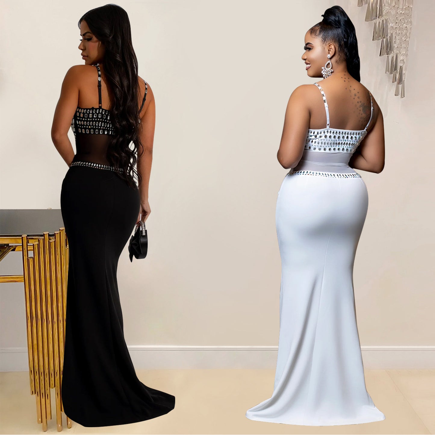 Women's Fashion Wear Rhinestone Mesh Dress Long Dresses