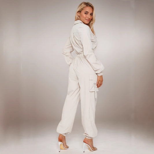 Women's Casual Outing Flip Pocket Coveralls Lapel Jumpsuits