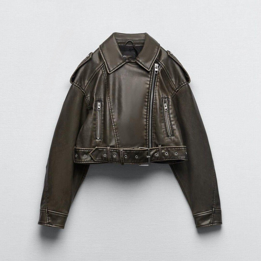 Women's Two-color Leather Distressed Lapel Baggy For Coats