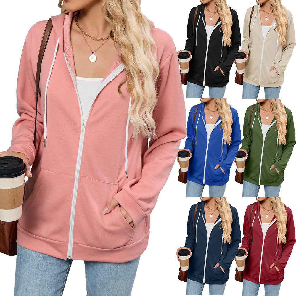 Women's Color Zipper Hooded Pocket Long Sleeve Tops