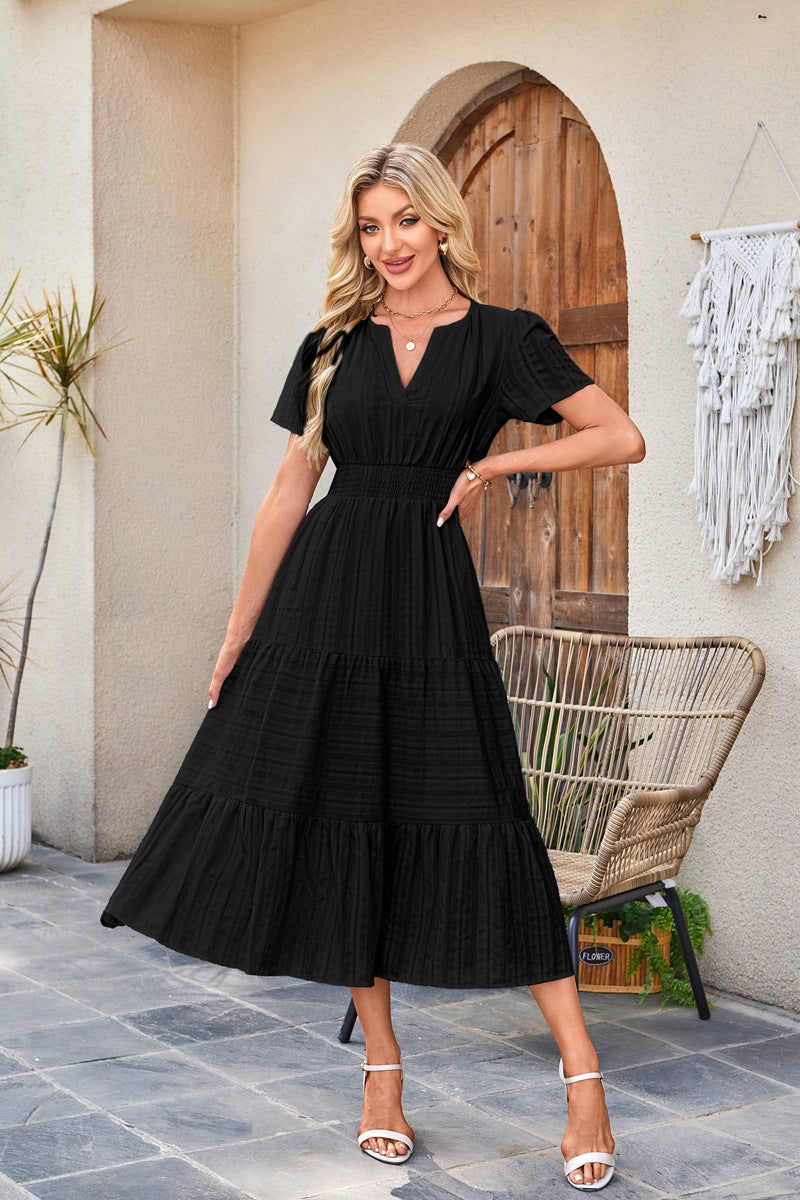 Women's Collar Pleating Puff Sleeve Large Swing Dresses