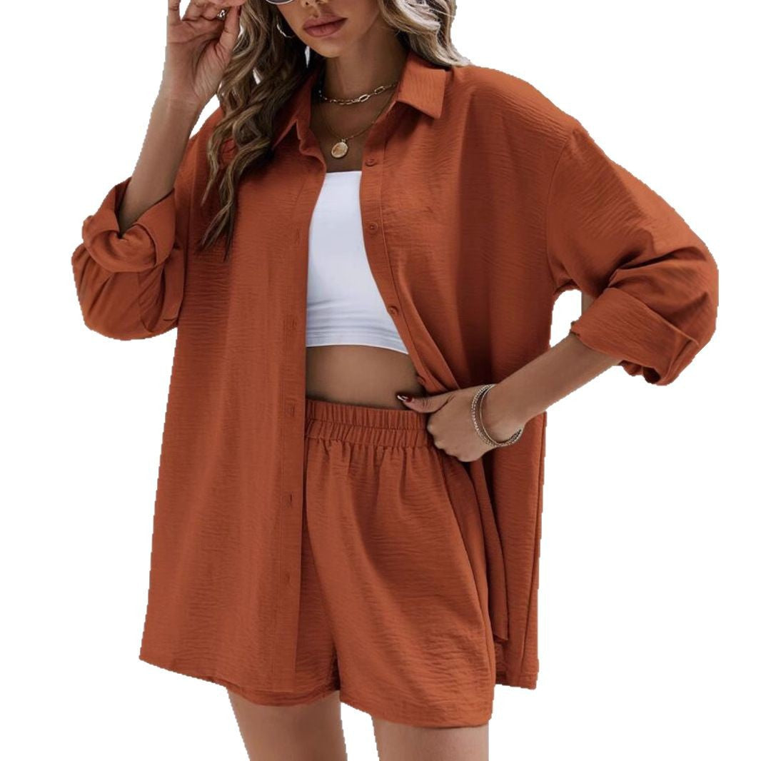 Women's Solid Color Lapel Long Sleeve Shirt Elastic High Waist Fashion Casual Suit