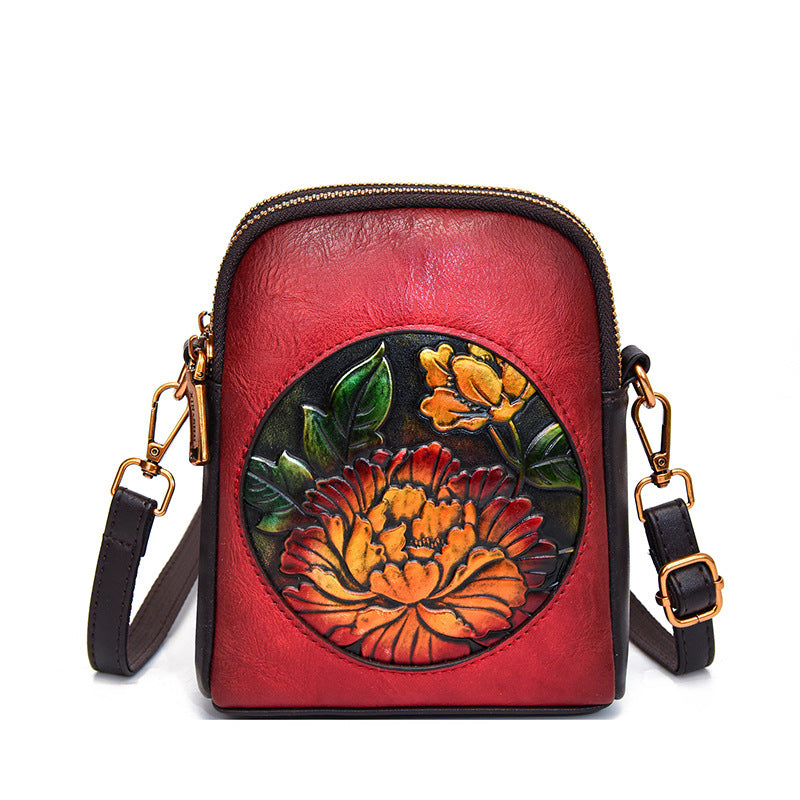 Women's Beautiful Ethnic Leather Carved Peony Phone Bags